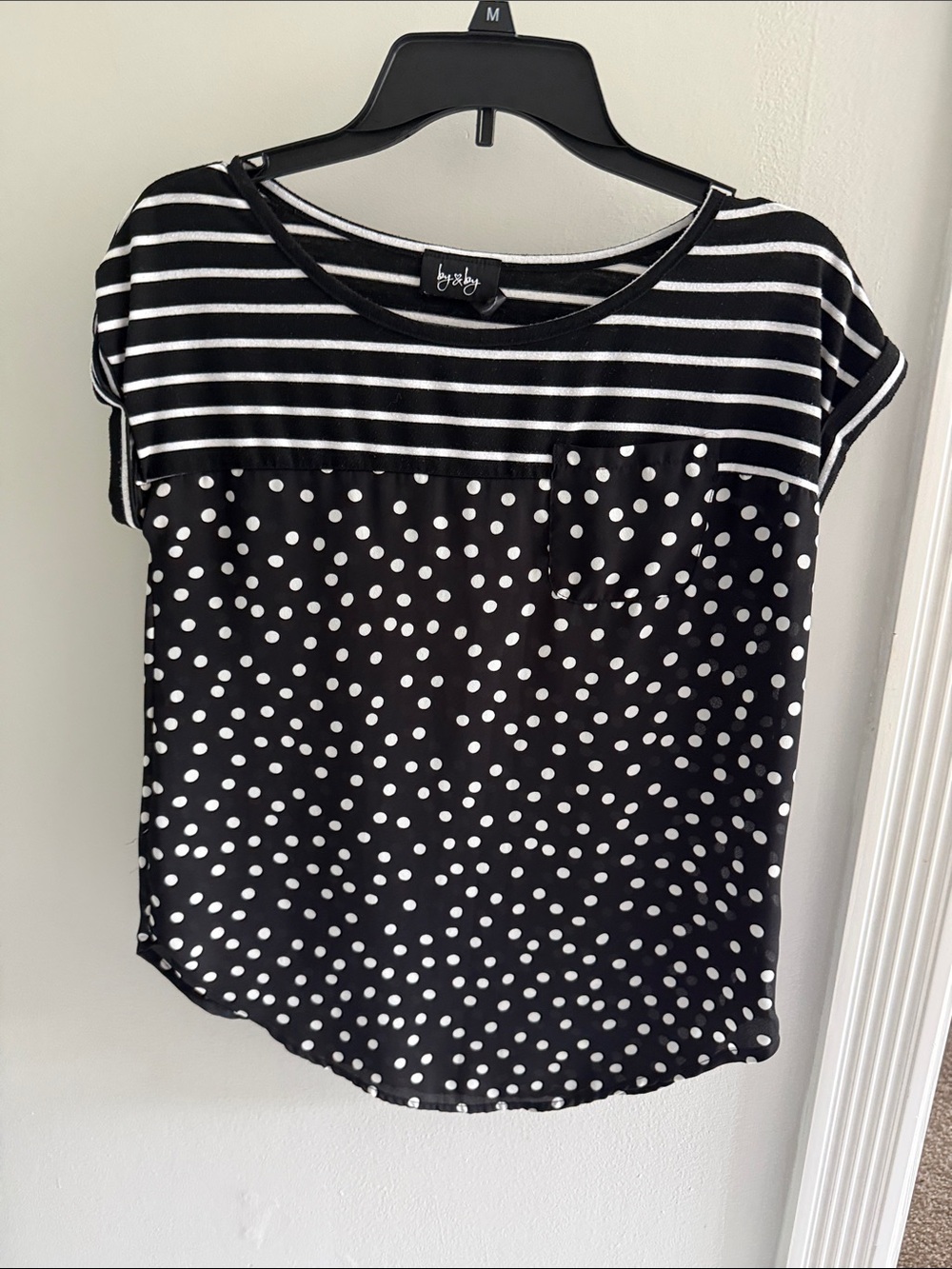 by & by Black and White Polka Dot Short Sleeve Top with Striped Yoke